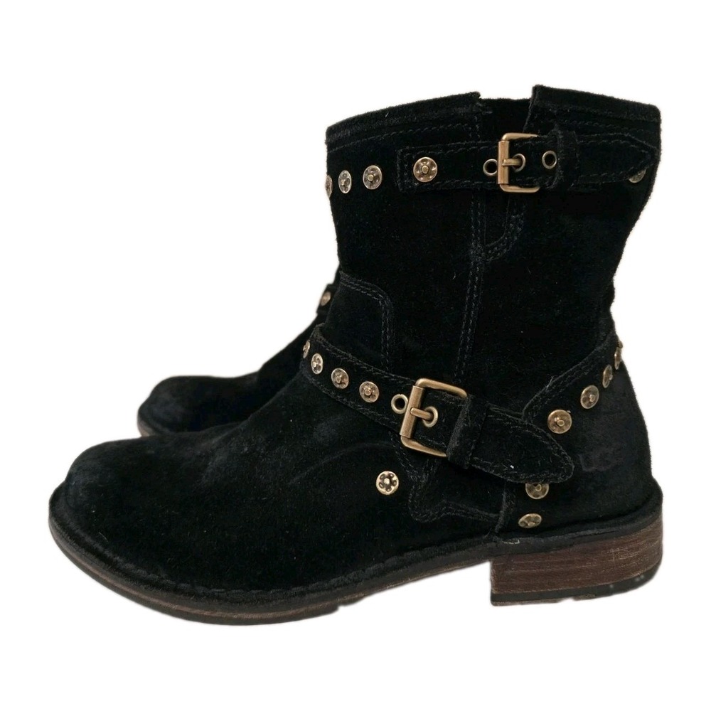 UGG Womens Suede Leather Moto Studded Black Biker Boots Size 7.5 Shearling Lined